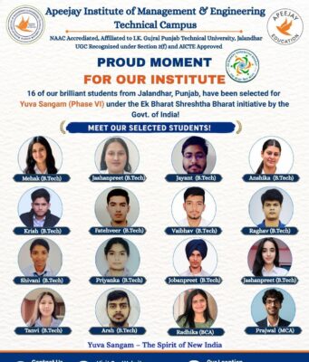 Apeejay Institute of Management & Engineering के छात्रों का चयन भारत सरकार की पहल के तहत IIT पटना में आयोजित प्रतिष्ठित ‘युवा संगम चरण VI’ कार्यक्रम के लिए हुआ है।” – डॉ. राजेश बग्गा, निदेशक
