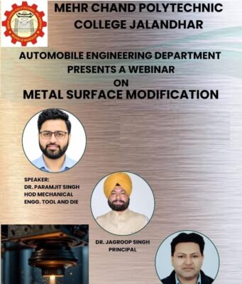 मेहर चंद पॉलिटेक्निक कॉलेज में “Metal Surface Modification” विषय पर वेबिनार आयोजित